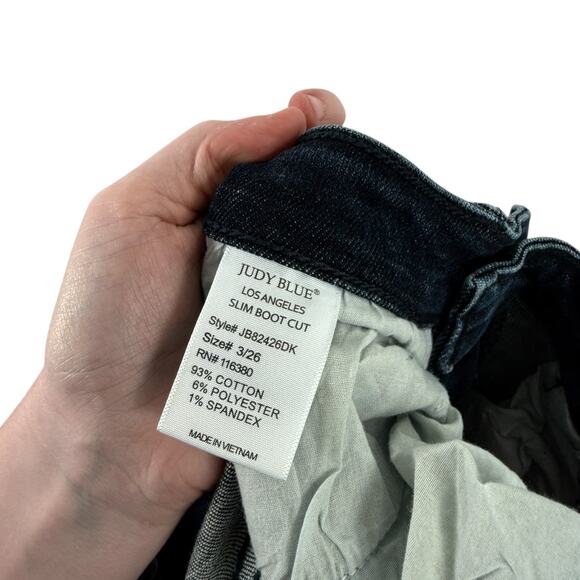 Judy Blue Mid Rise Slim Bootcut Jeans Dark Wash Distressed Western Womens 3/26 - Picture 9 of 10